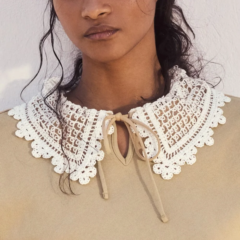 H&M Beige Sweatshirt with Crochet/ Lace Collar NWT_2